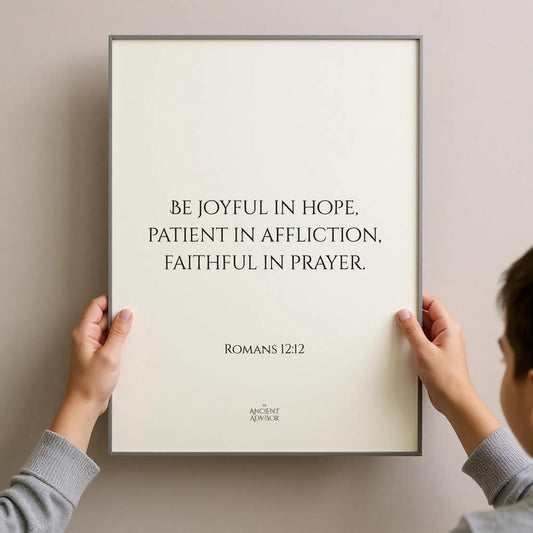 Be joyful in hope, patient in affliction, faithful in prayer. – Inspirational Bible verse poster