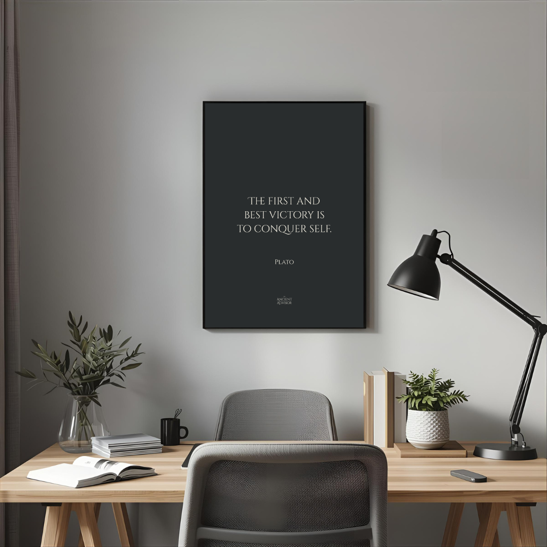 The first and best victory is to conquer self - Inspirational quote Plato poster