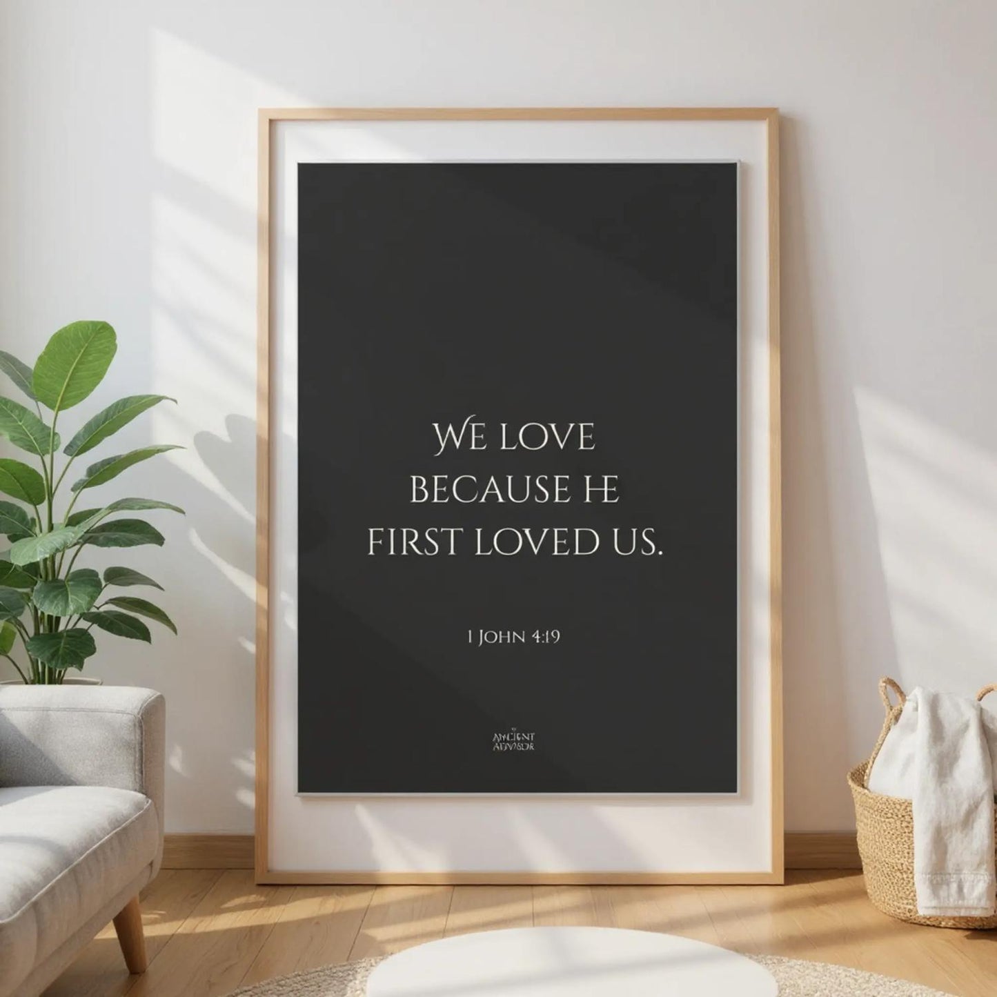 We love because he first loved us. – Inspirational Bible verse poster, 1 John 4:19