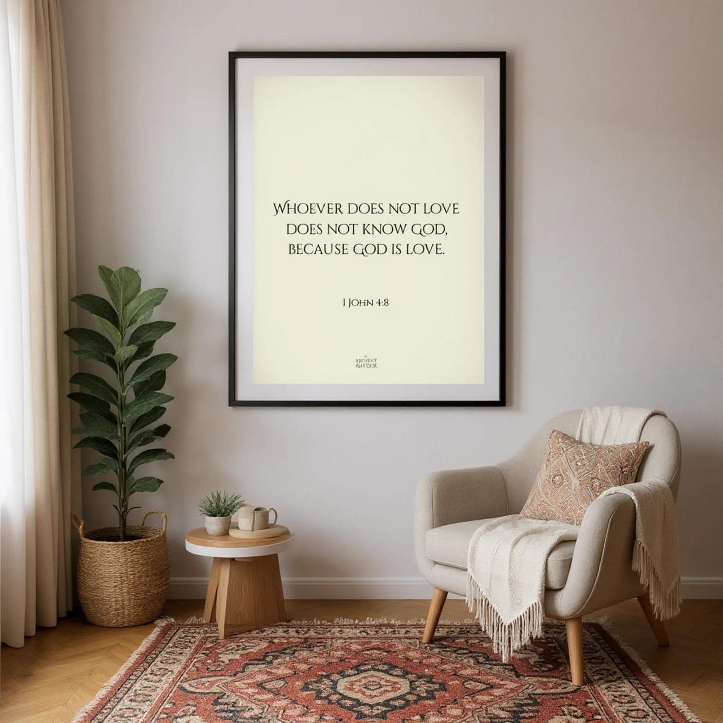 Whoever does not love does not know God, because God is love – Inspirational Bible verse poster, 1 John 4:8