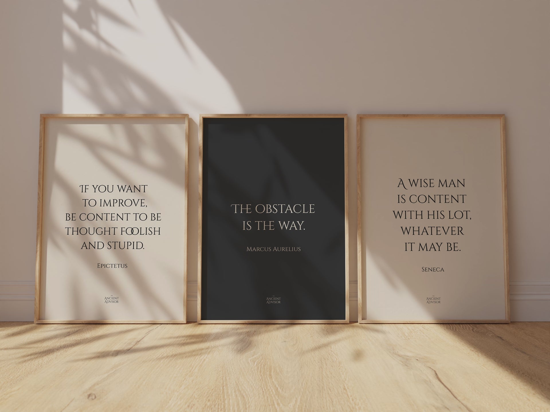 Load video: a minimal room with bare floors and white painted wall, sun shies through a nearby window, and shadows of the trees outside sway over 3 framed posters with quotes from the great stoic philosophers Epictetus, Marcus Aurelius, and Seneca.